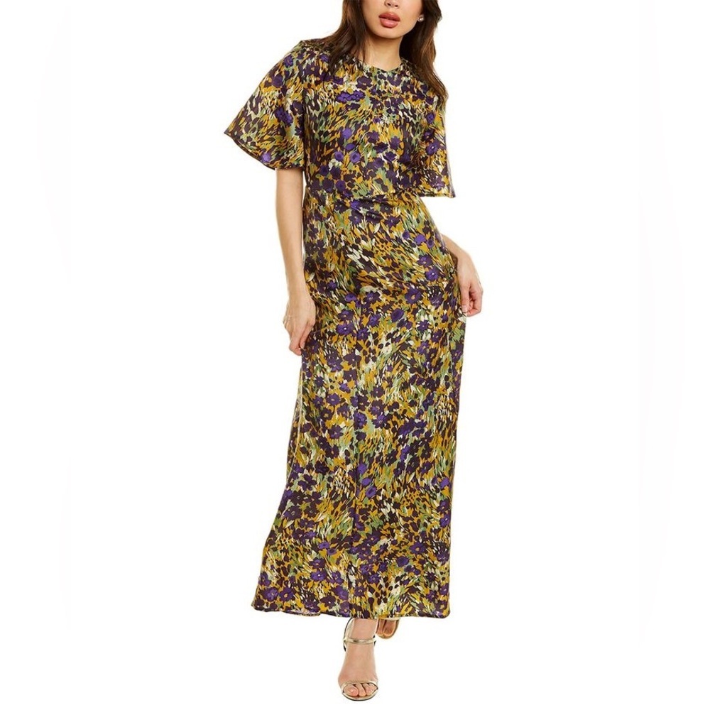 J. McLaughlin Giovanna Purple Floral Silk Blend Flutter Sleeve Maxi Dress